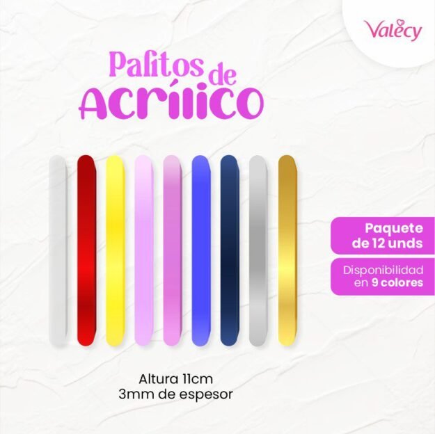 Palitos acrílico para paleta de helados, bizcochos o lacepops - 12 unds - nueve colores