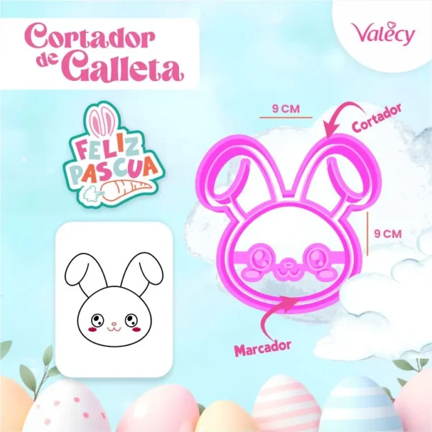 Conejo de pascua - N°3 - Cortador de plástico con marcador para galletas – Pascua - Reutilizable