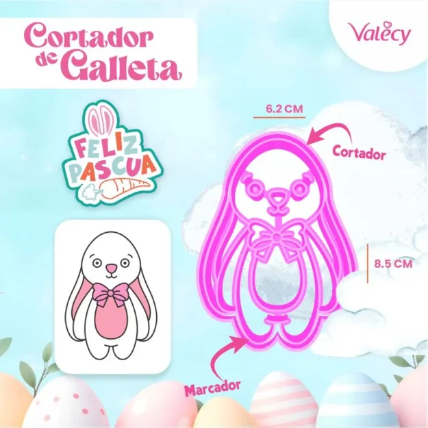Conejo de pascua - N°7 - Cortador de plástico con marcador para galletas – Pascua - Reutilizable